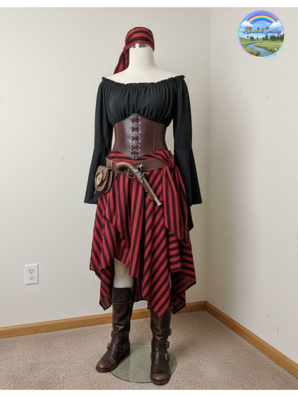 Women Pirate Costume Set Renaissance Blouse Corset Skirt Headscarf